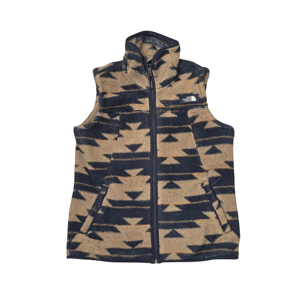 The North Face Womens Aztec Sherpa Fleece Vest Brown Navy Blue Full Zip Large